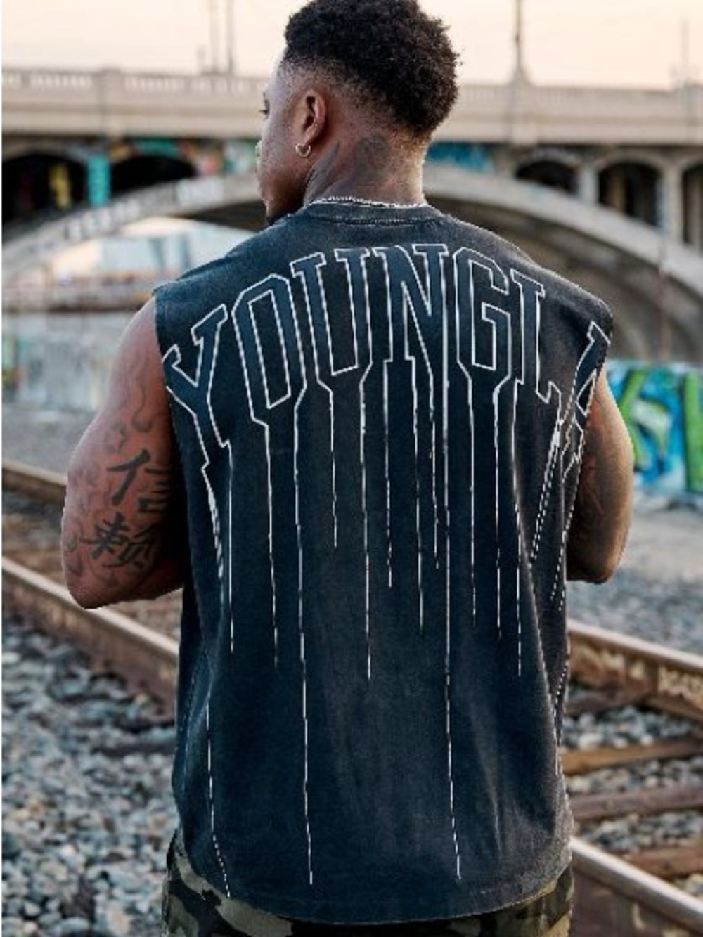 Mens YoungLA 3031 Drip Muscle Tank Top Sleeveless Cut Off - Black Wash Size L